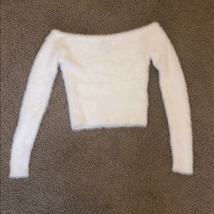 white furry off the shoulder top